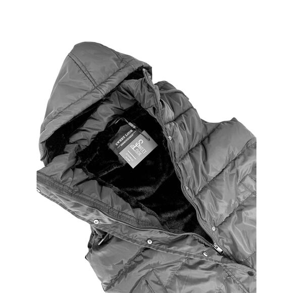 Black Longline Puffer Hooded Small Women Padded Sleeveless Vest Jacket Zip Snap - Picture 4 of 7